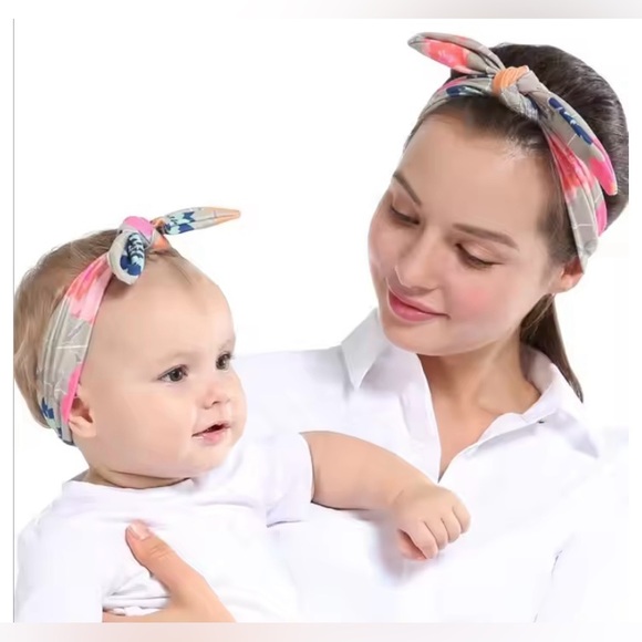 NWT VTG Style Mommy And Me Retro Floral Boho Headband Head Wrap Set Pink Tan - Picture 3 of 9